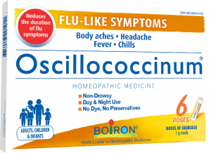 Oscillococcinum reduces the duration of flu-like symptoms such as body aches, headaches, fever, and chills. It does not cause drowsiness.